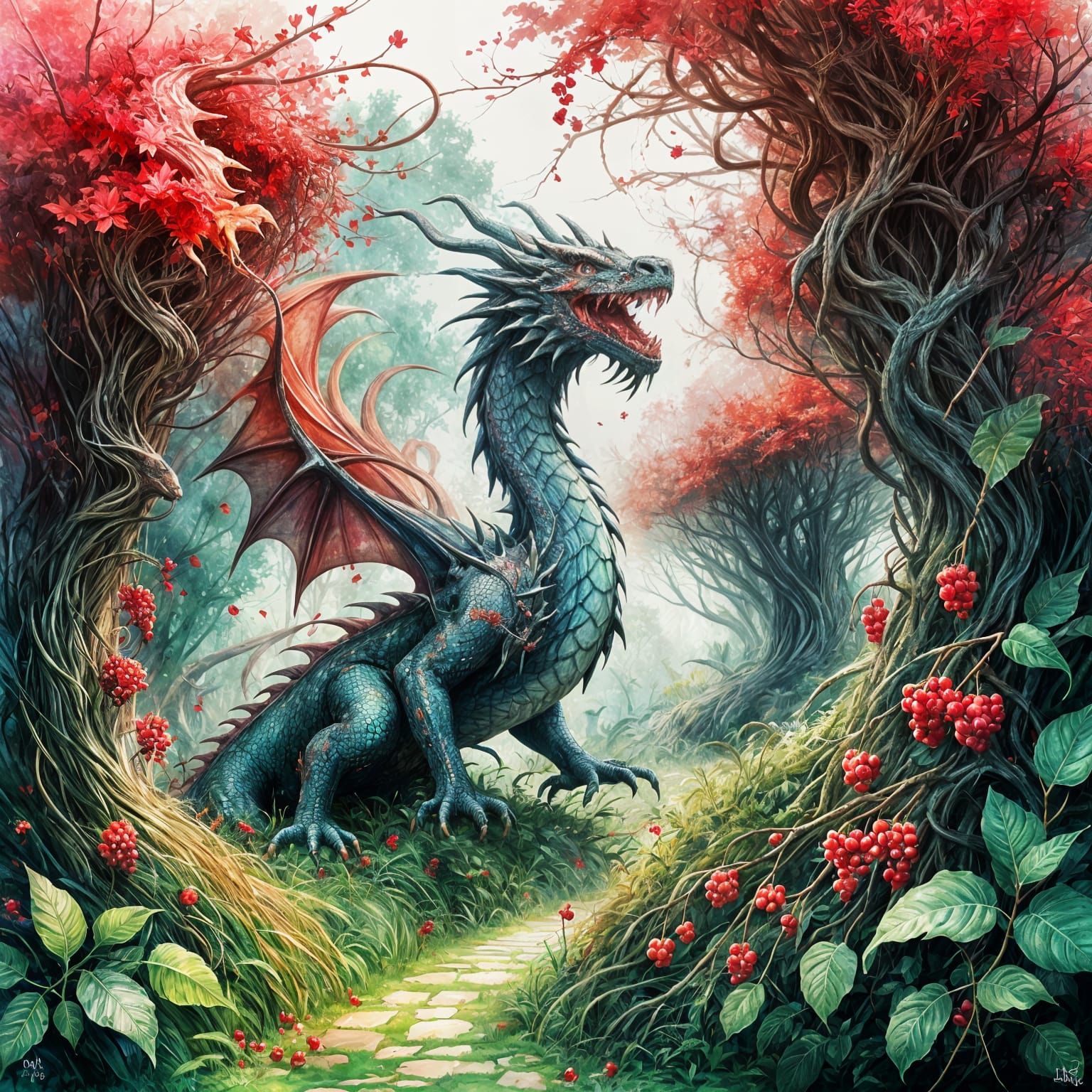 The dread Cardinal entrapped the dragon in an enchanted maze filled with irresistible red sleeping berries.  by @Attie