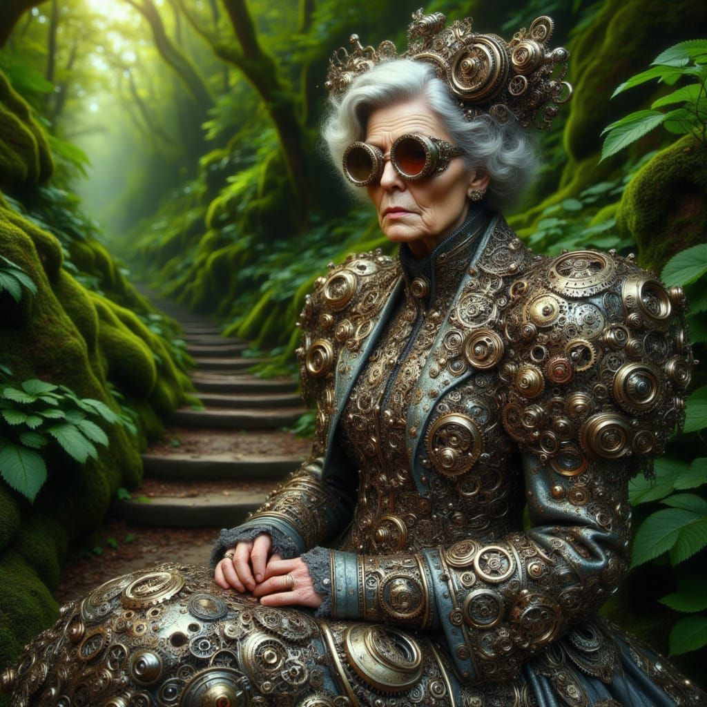 <lora:kak-surrealsteampunk:1.0> steampunk elderly woman with wrinkles, steampunk oversized dress made entirely of silver gears and sitting o...