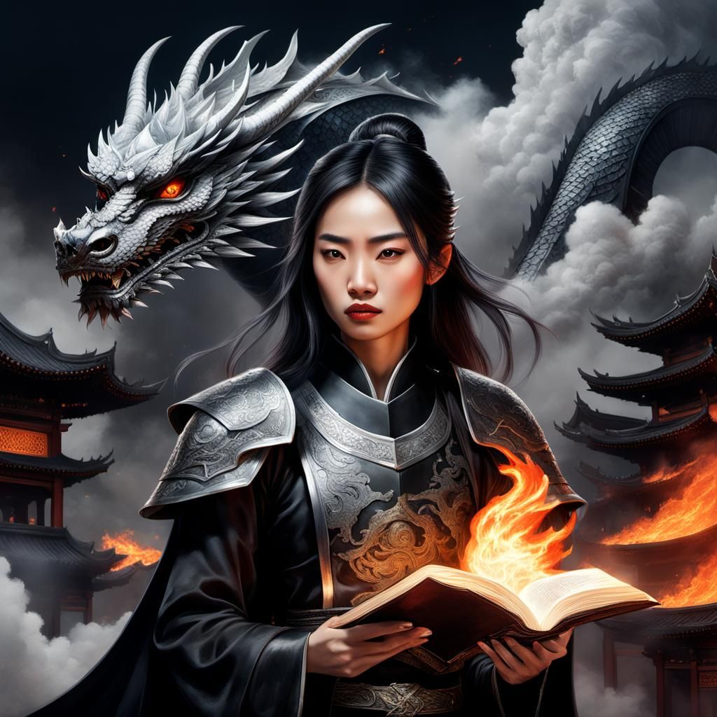 Hyperrealistic Asian Woman Warrior with Sword and Magic Book