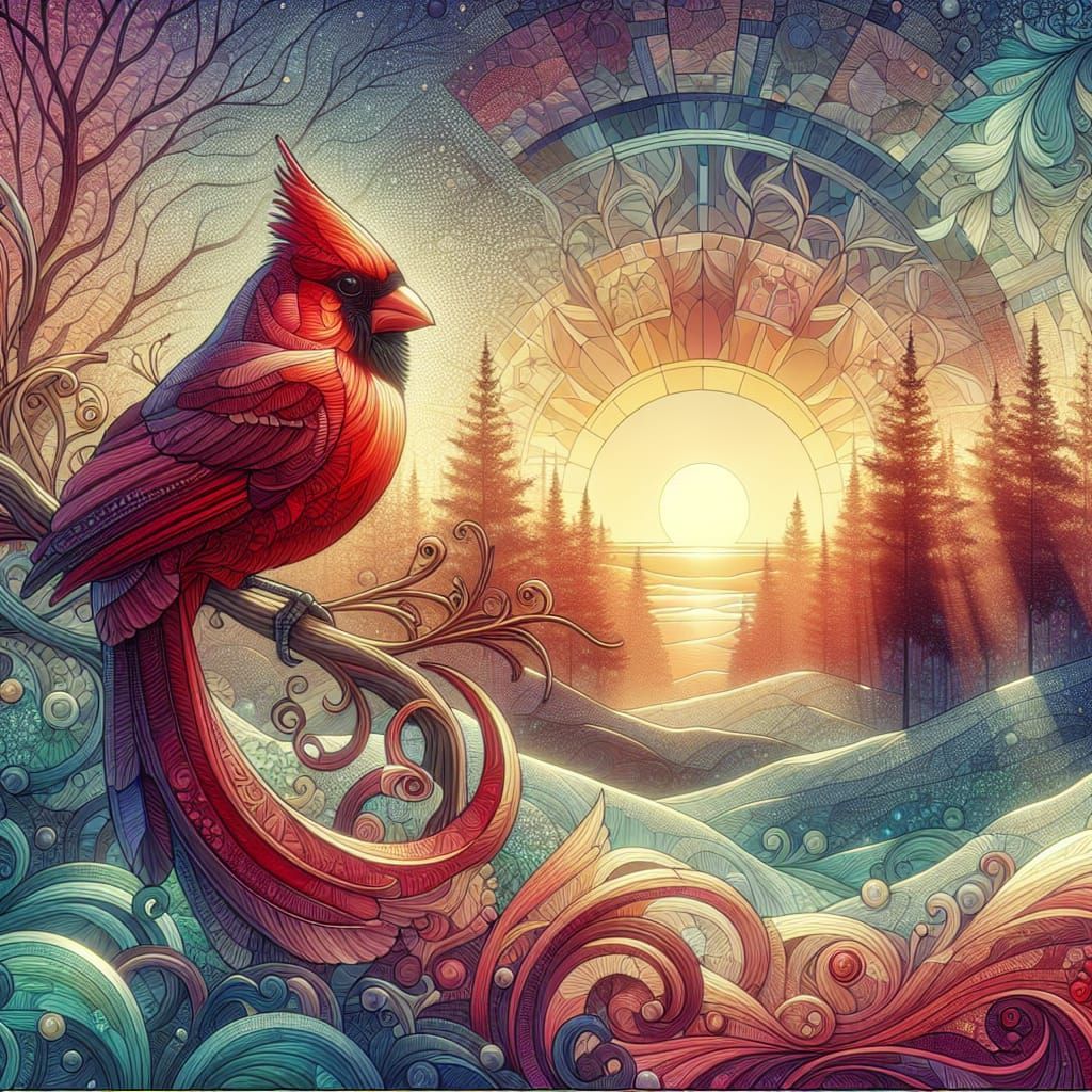 Mosaic Cardinal at sunrise in winter