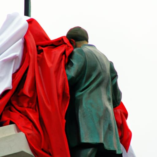 A man covering a statue with a flag