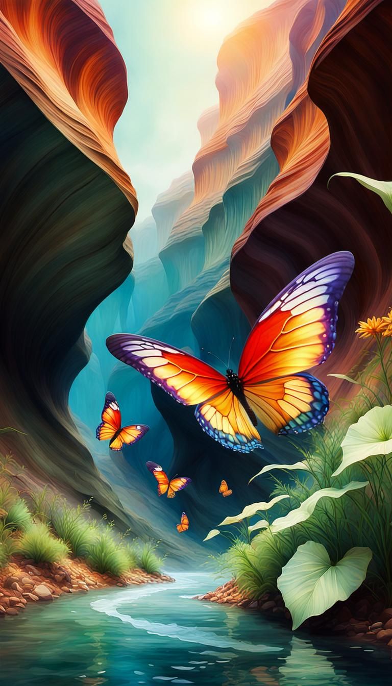 Butterflies Dancing in Surreal Canyon: Digital Art