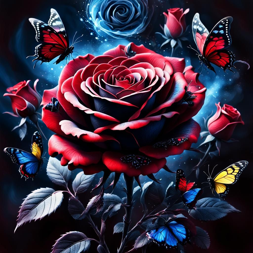 Ethereal Sugar Rose in Deep Crimson Hues with Iridescent But...