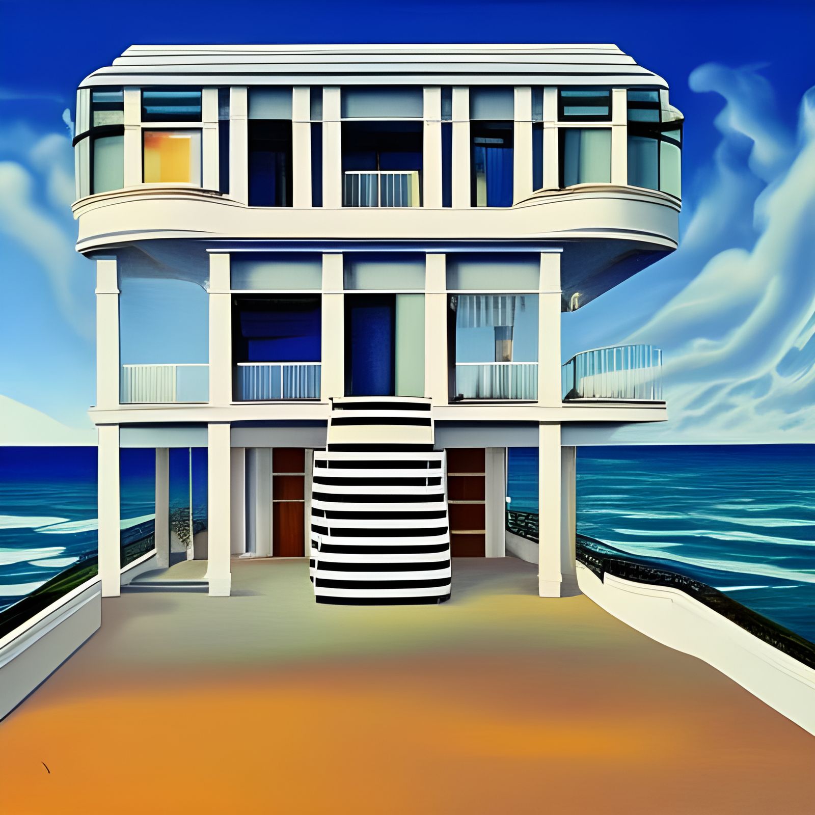 Boathouse 80s mansion on the ocean, surrealist painting