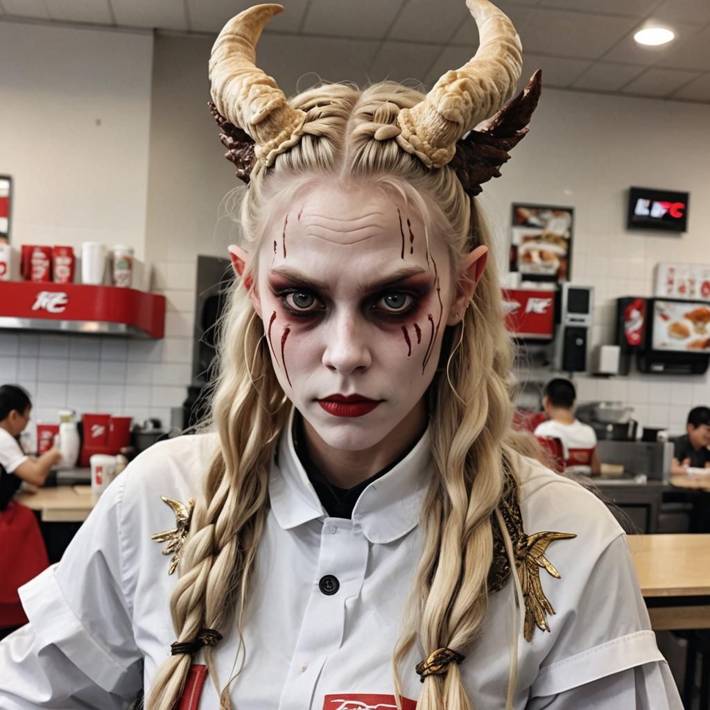 Demon long blonde braids horns wings
Working at kfc