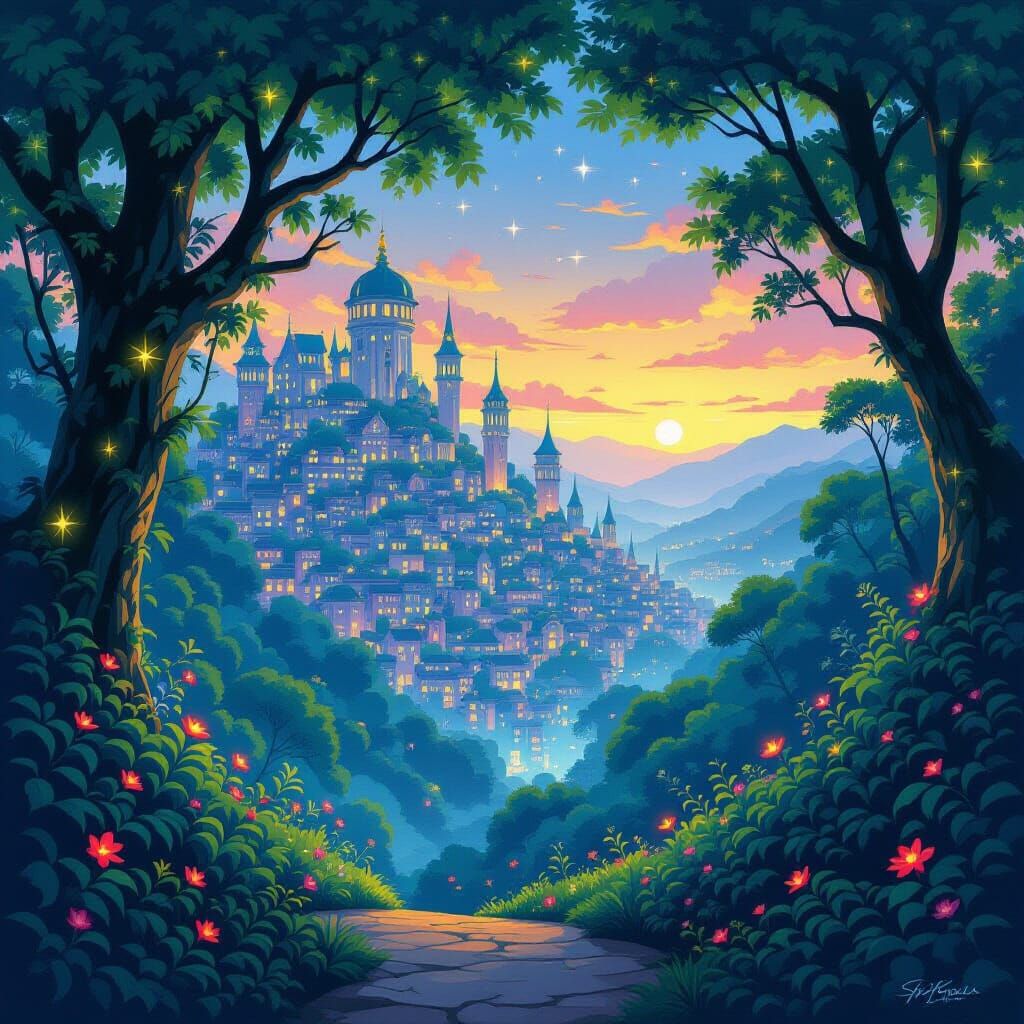 A vibrant cityscape at dusk, with buildings seamlessly integrated into a lush, overgrown forest. 