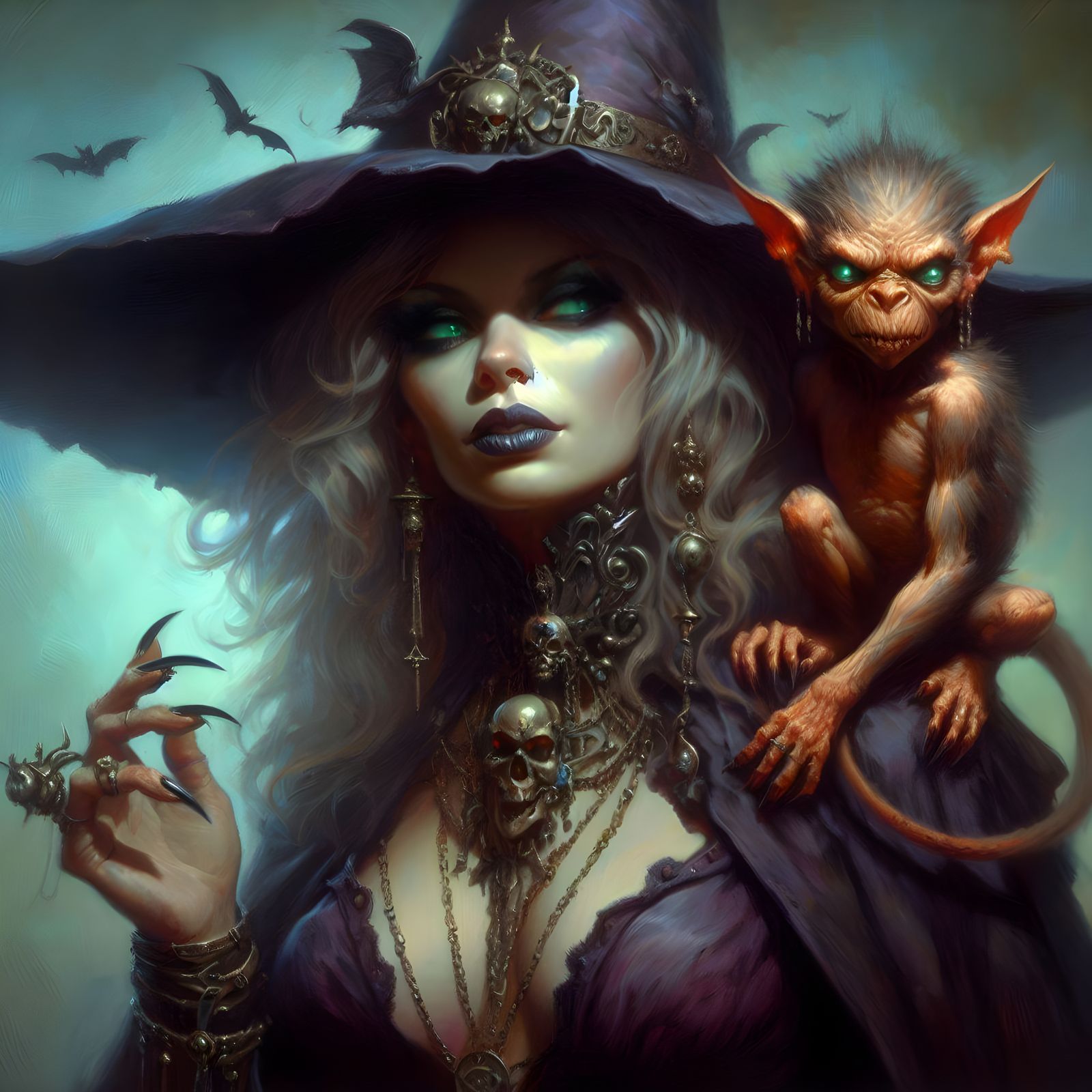 Evil Witch And Imp Familiar