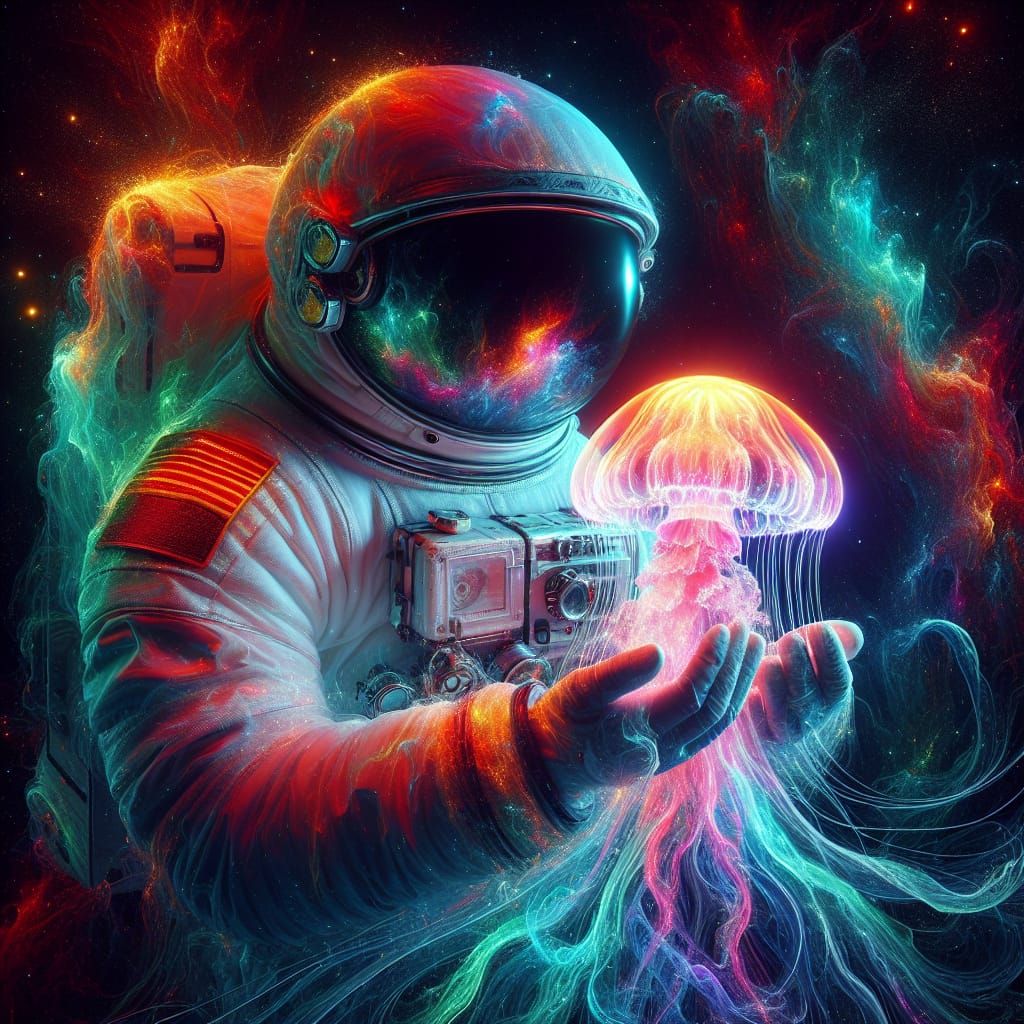 Astronaut Holding a Neon Jellyfish