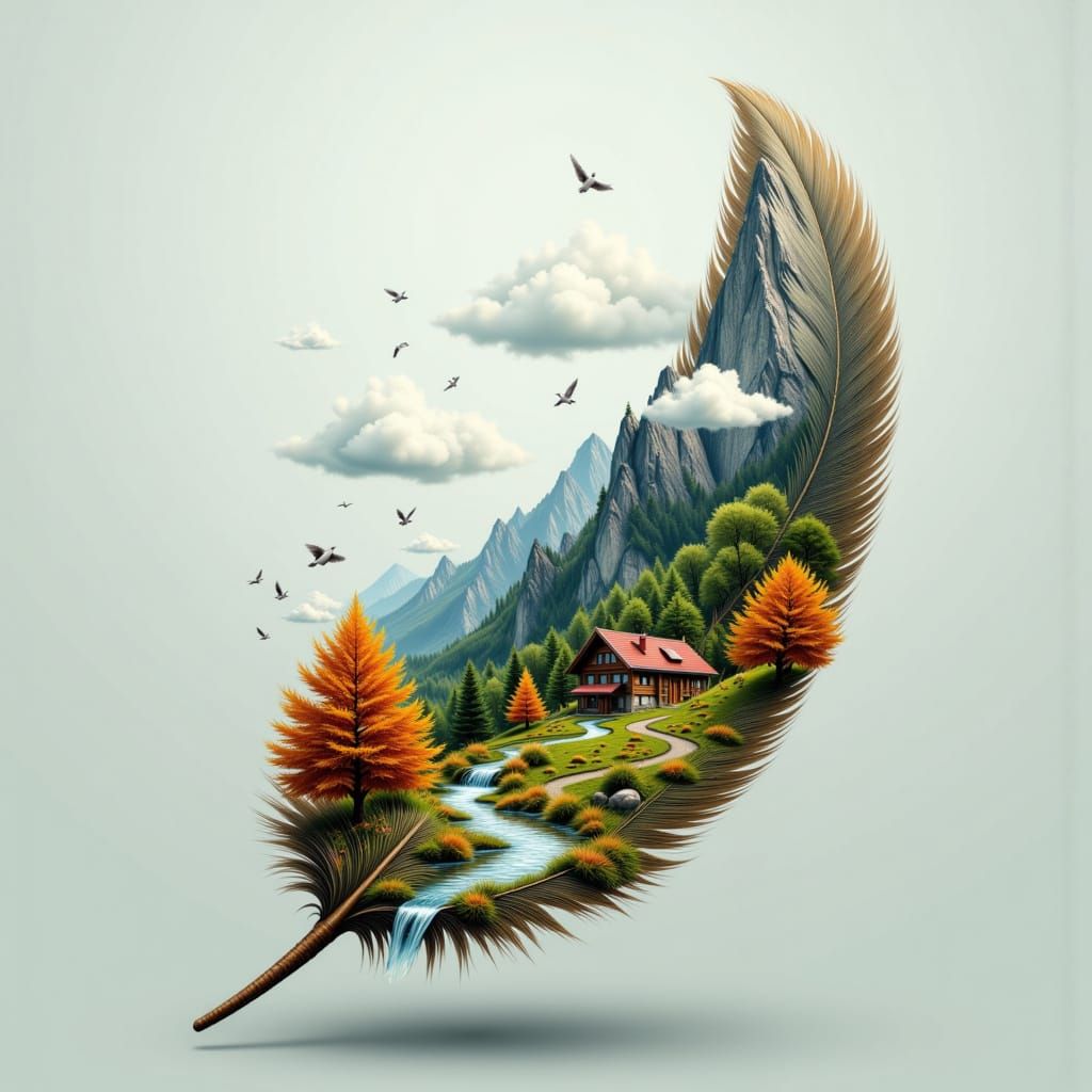 <lora:LS Double Exposure:1.0> A surreal and whimsical composition of a large, detailed feather containing an entire miniature landscape with...