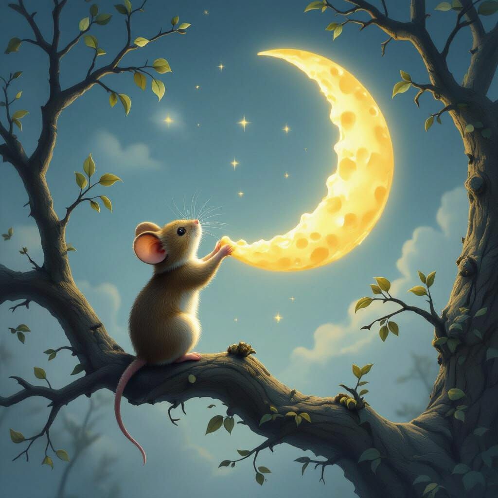 Ethereal fantasy. A crescent moon rises in the sky. An anthropomorphic mouse on a tree branch reaches ...  by @Barabashka