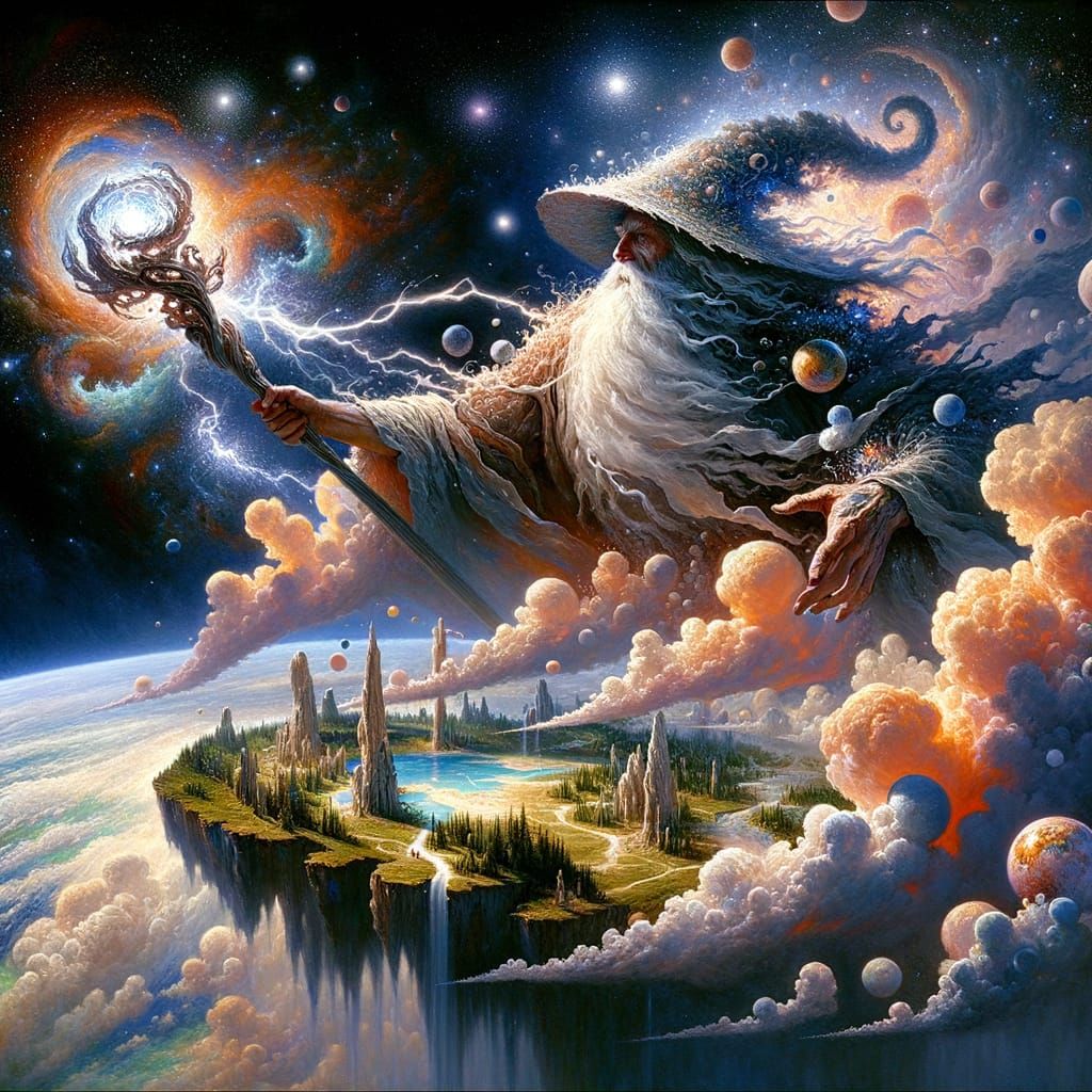 A colossal wizard, his beard a cascade of stars and his staff a lightning rod, conjures a storm over ...  by @K J Baker