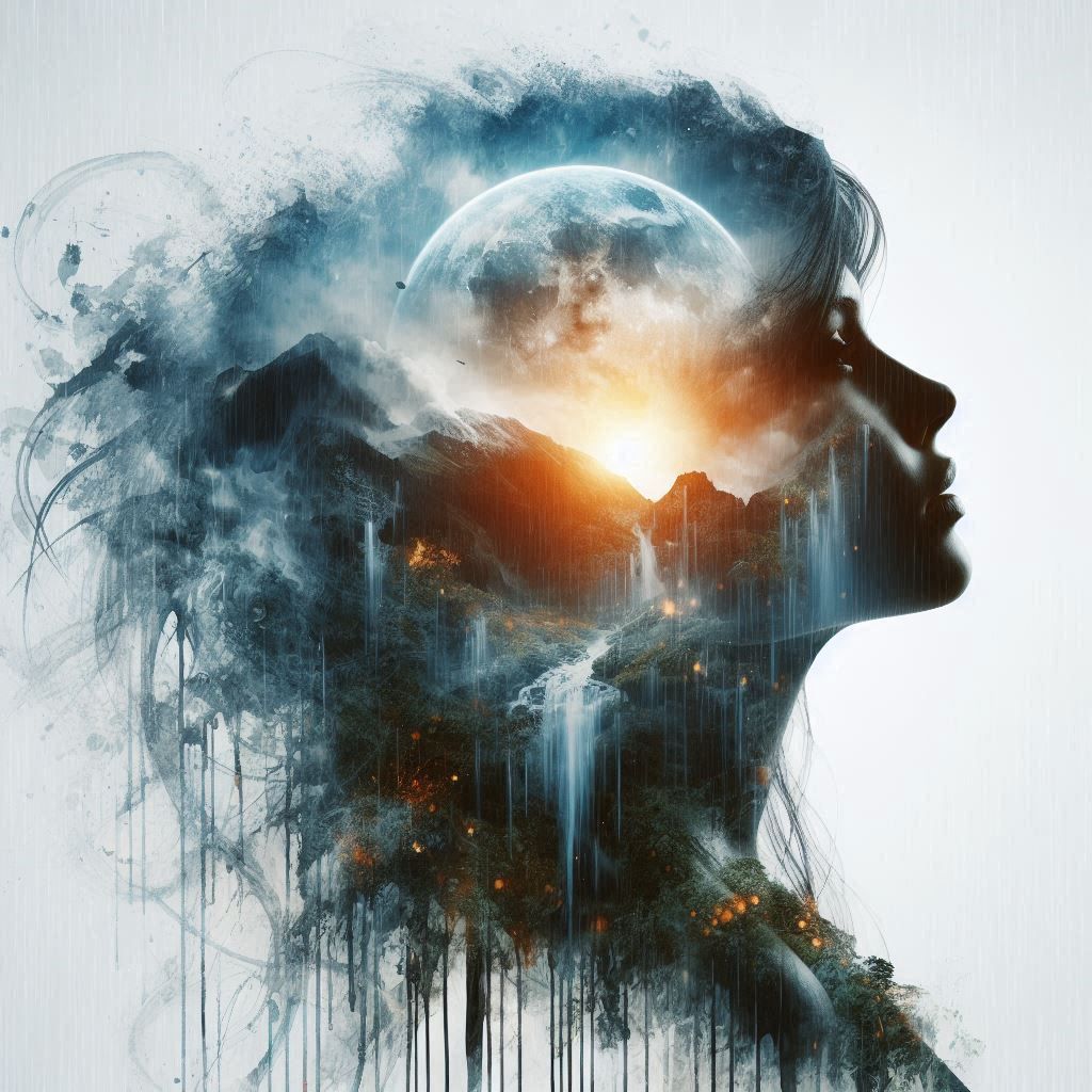 double exposure beautiful fantasy DALL-E 3 portrait landscape..