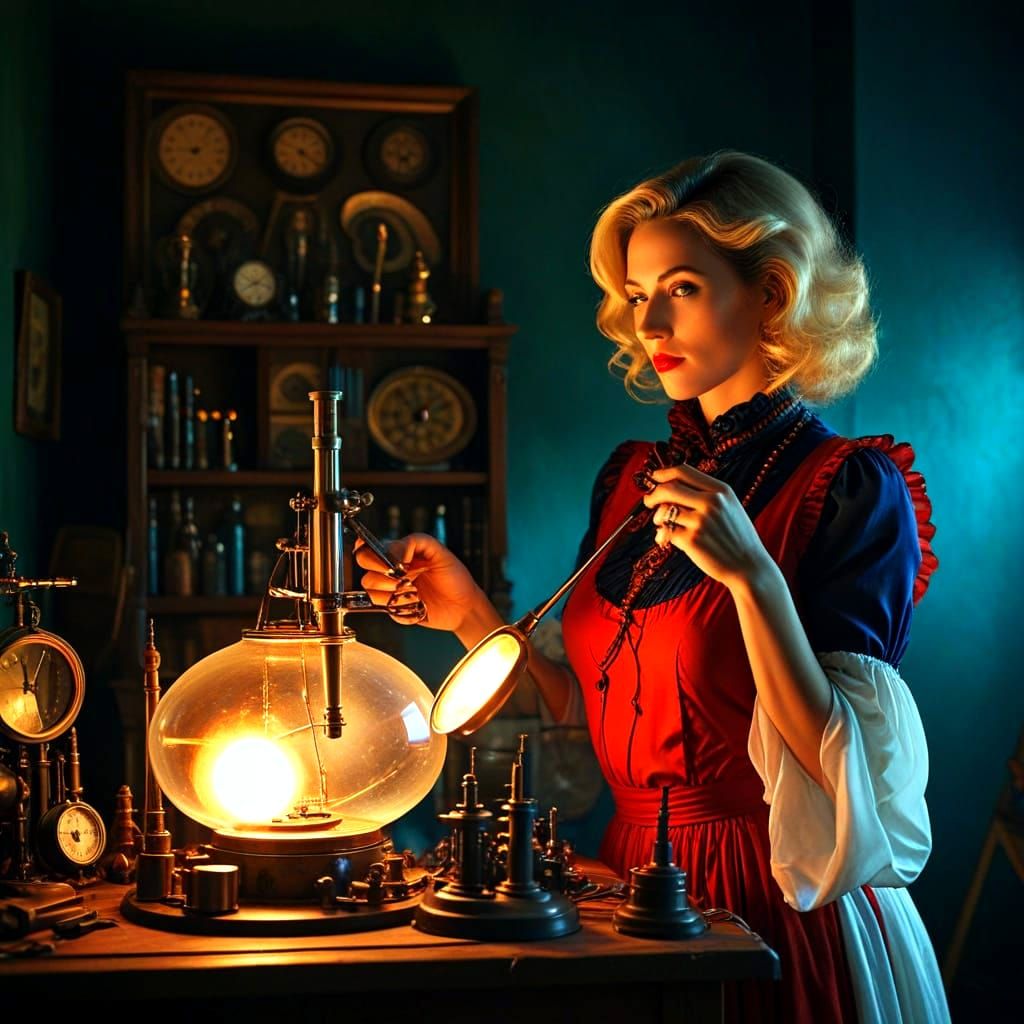 Vibrant Woman in a Whimsical Laboratory Scene