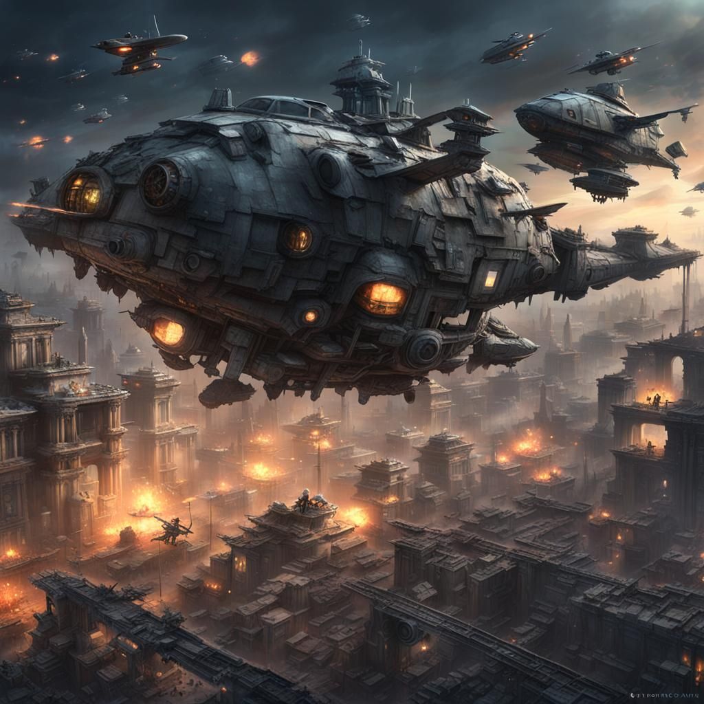 Post apocalyptic aerial vehicle with gun turret, flying fast...