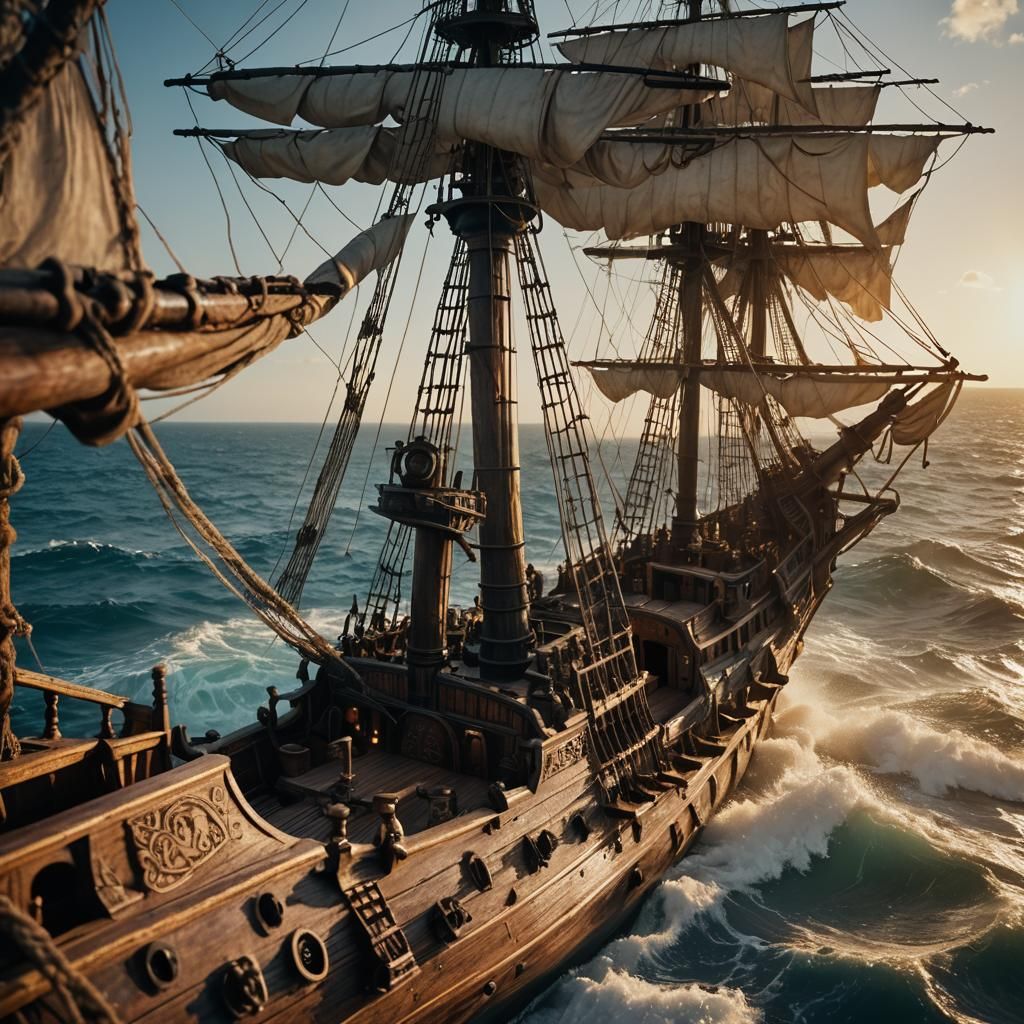 An imperial flagship sailing through the sea while serving the king with a party