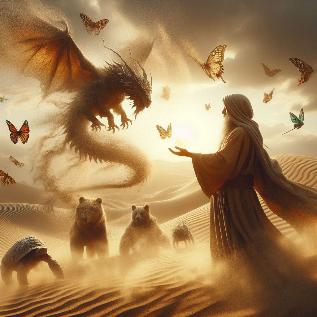 An egiptian wizzard awaking the magics sands creatures in the desert dunes, appearing sands dragons, sands butterflies, ...