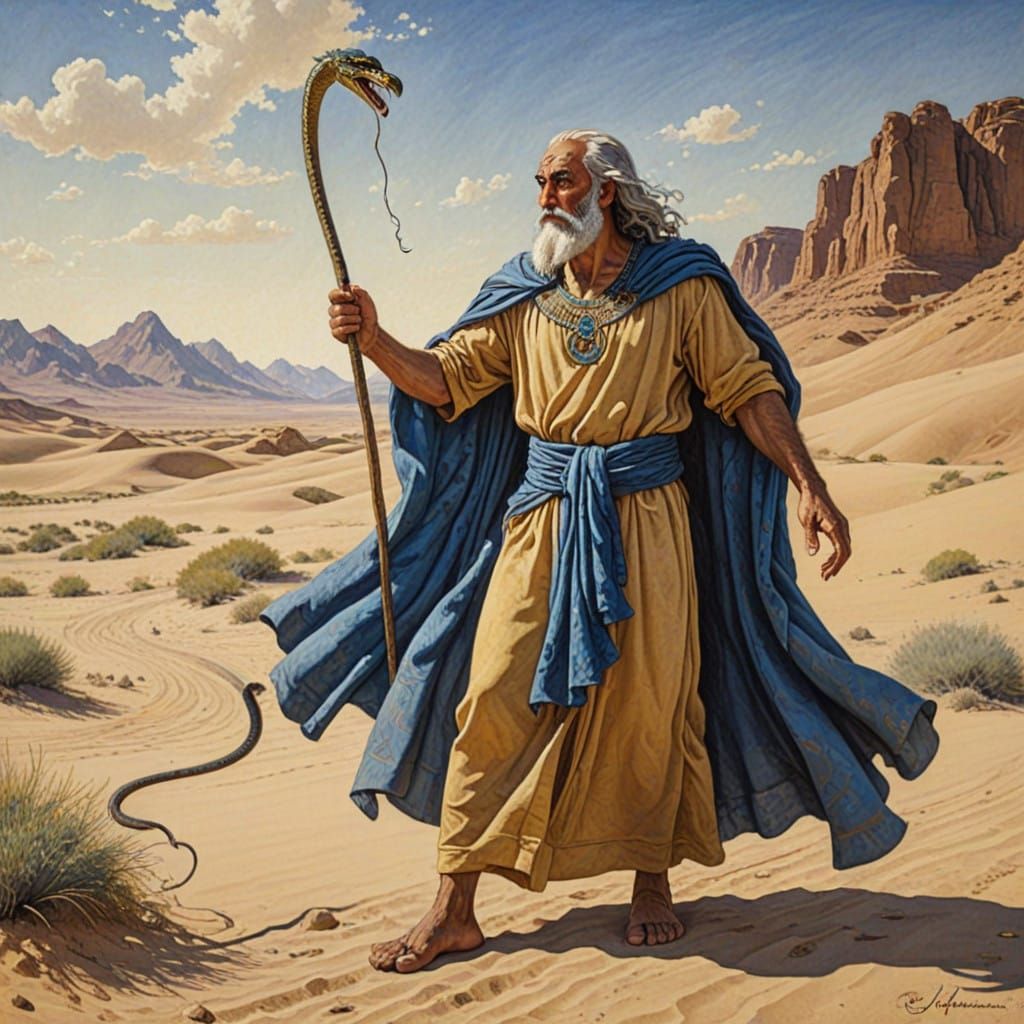 Moses Transforms Staff into Serpent in Vibrant, Dreamlike St...