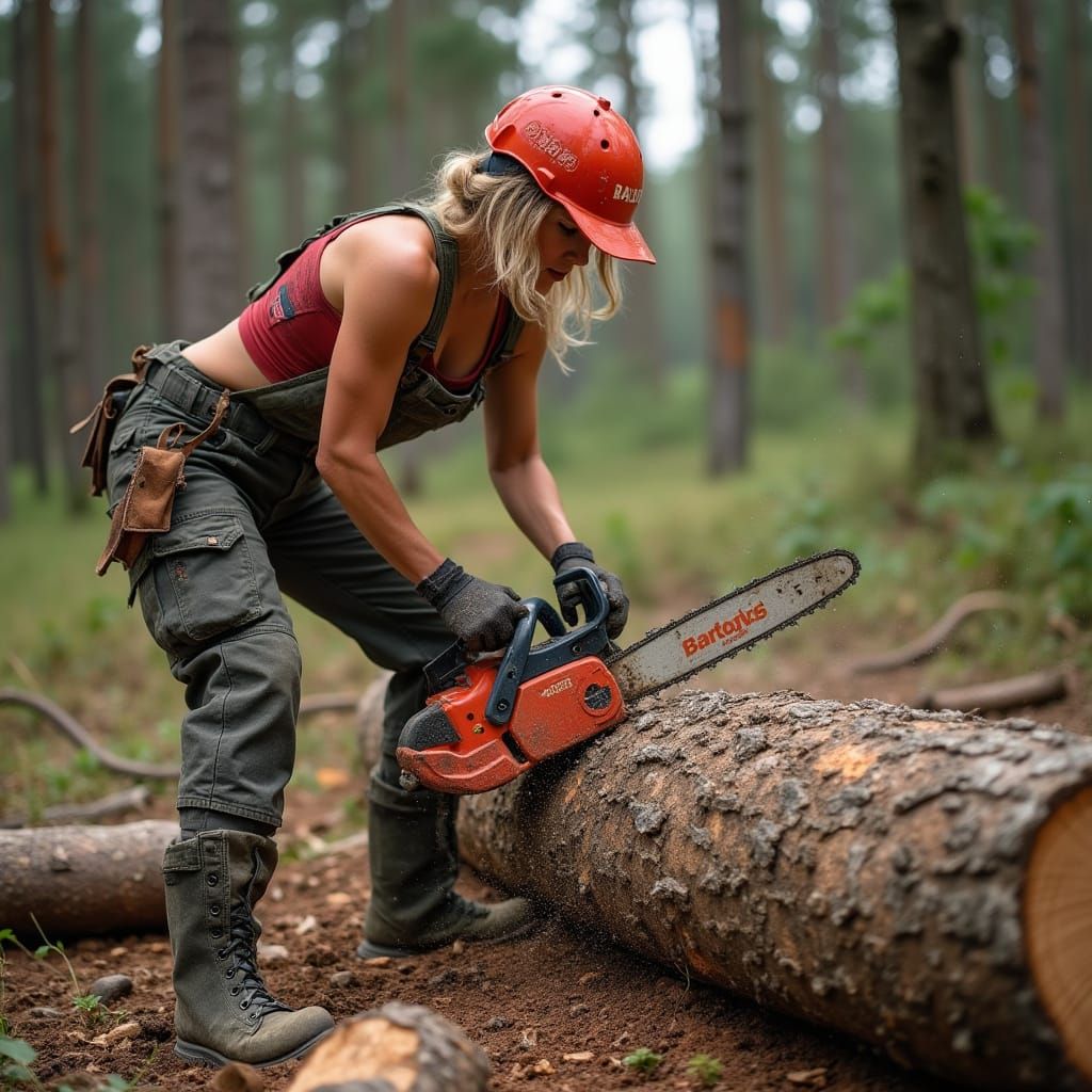 woman logger with muscular arms and legs cutting a big log with a chainsaw  by @Joel S