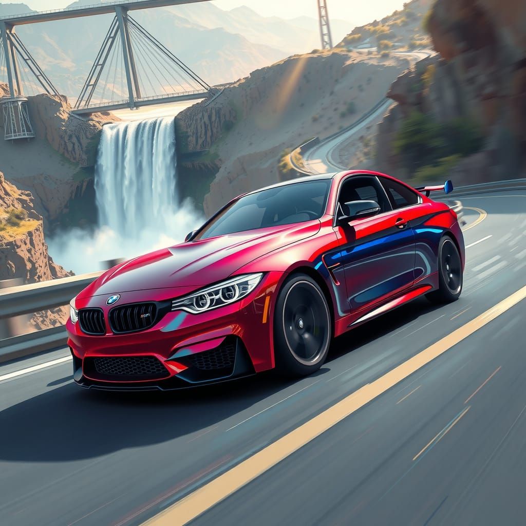 bmw m4 sports, passing by Abshar on the bridge، color is red...