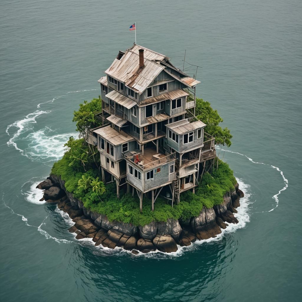 A multi-storey rickety old house on a tiny island in the mid...