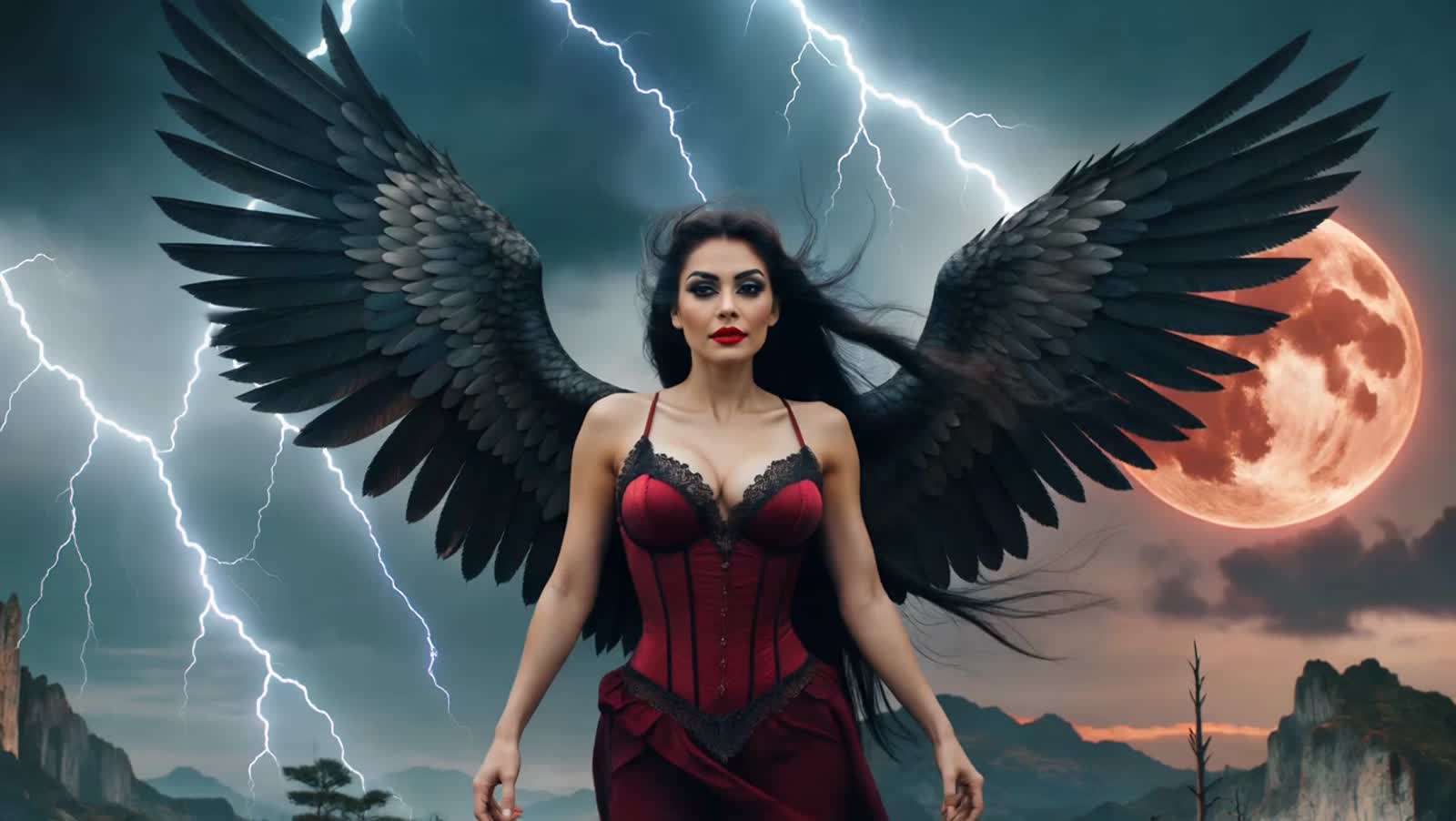 a beautiful female goddess,long flowing black blowing in the wind,horns,black outstretched feathered wings,black eyeshad...