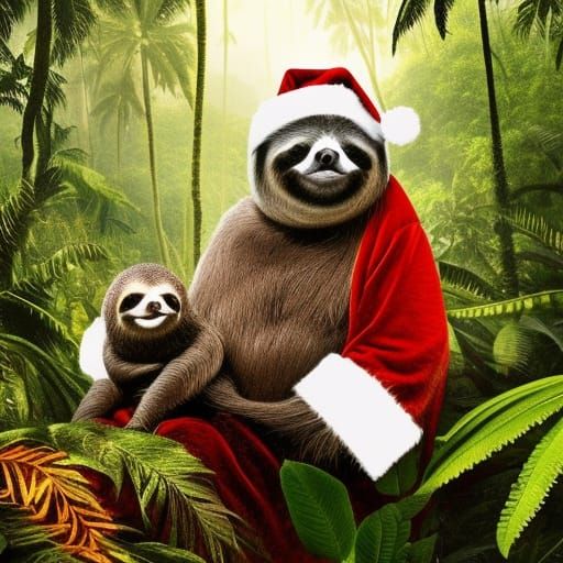 a Santa sloth in the lush amazon forest with her babies