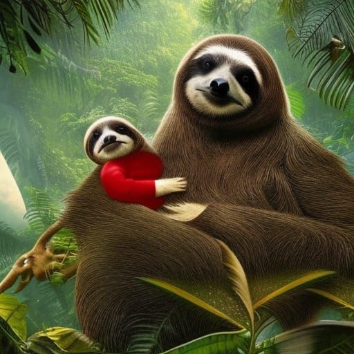 a Santa sloth in the lush amazon forest with her babies
