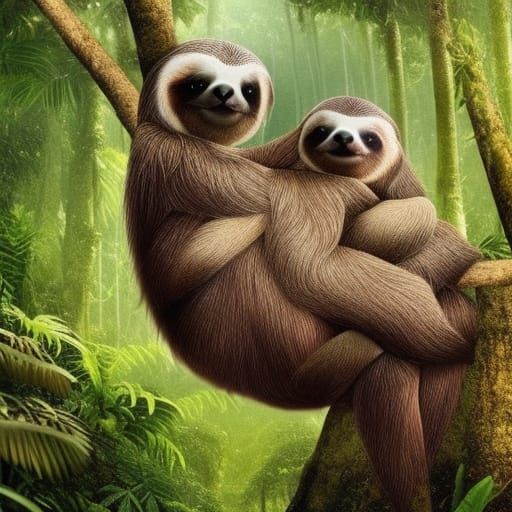 a Santa sloth in the lush amazon forest with her babies