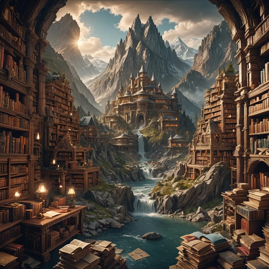 Library Landscape: Mountains and Rivers of Book Pages