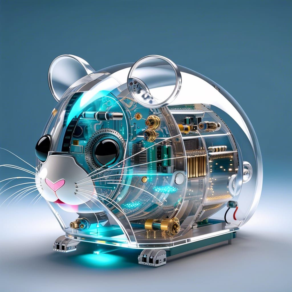 fully transparent robotic pet hamster with futuristic components ...