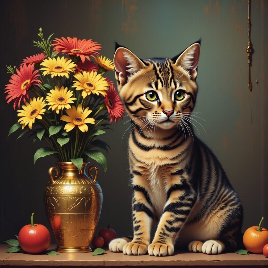 <lora:Egypt Synth Flux:1.0> A kitten sitting next to a vase of flowers