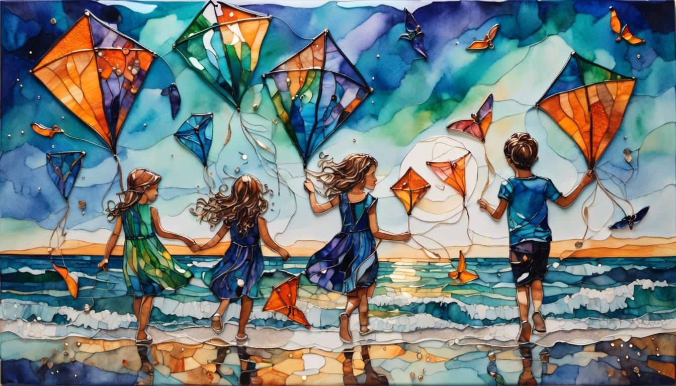 On sea shore children holding kites / beautiful colorful kites / glass art<lora:Glass-art:1.0> 