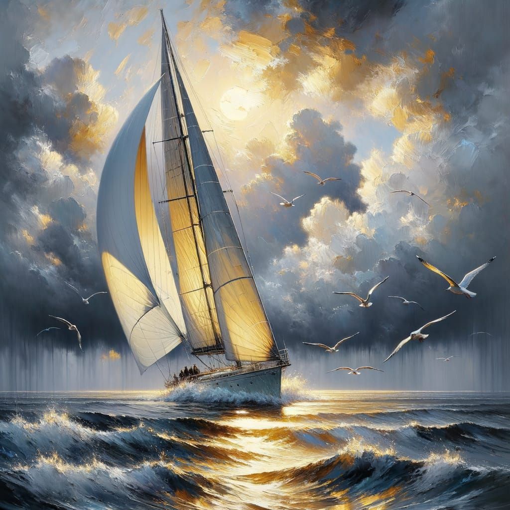 An impressionist oil painting of a  sailboat cutting through ocean waves under a partly cloudy sky, with ...  by @Sutton