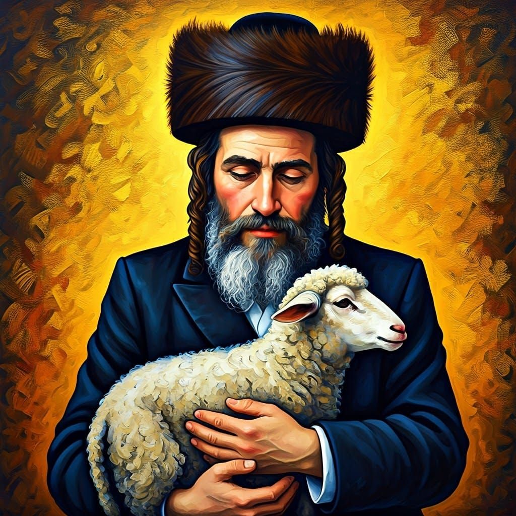 Devout Hasidic Jew with Sheep in a Vibrant, Chagall-Inspired...