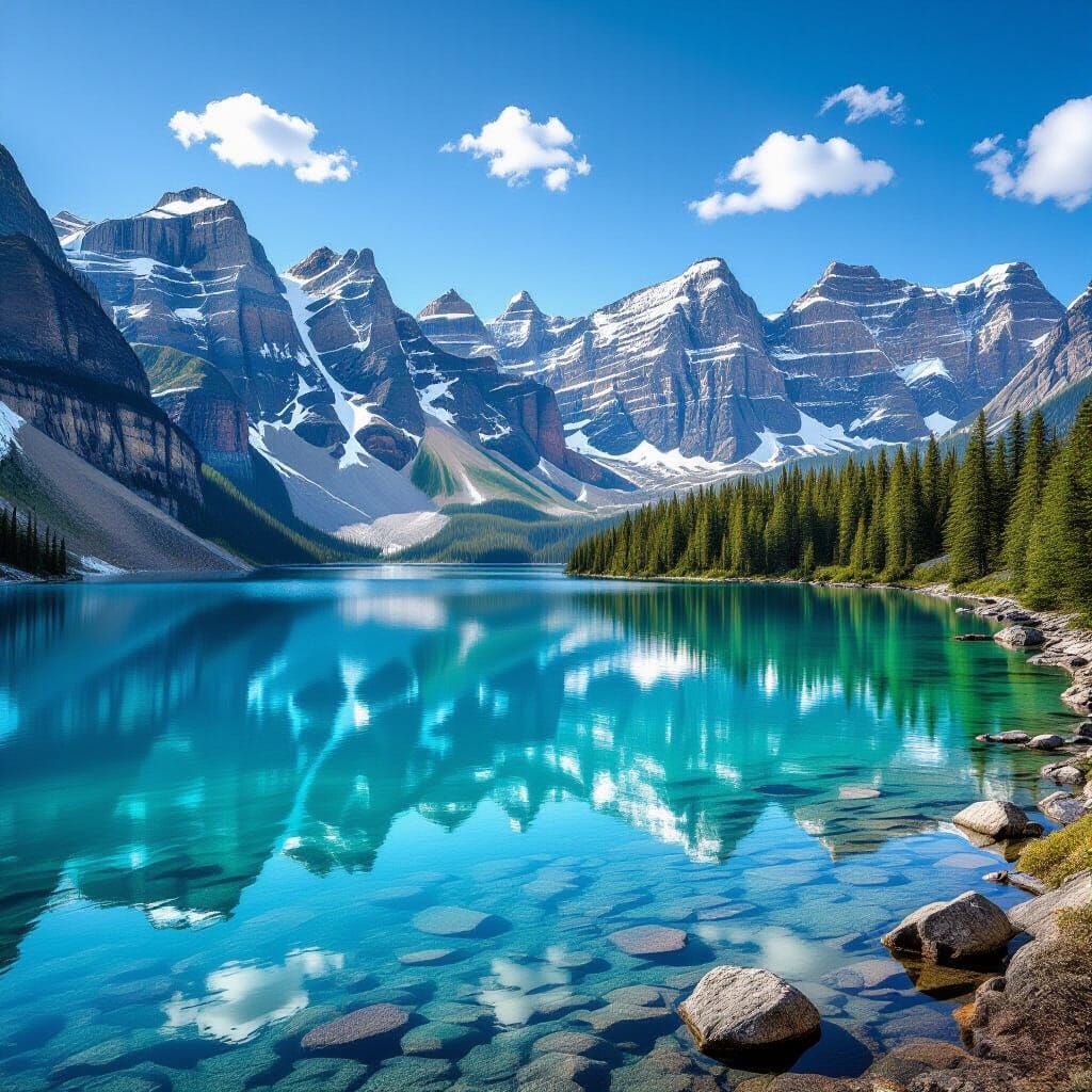 Photorealistic Alpine Lake Reflecting Rugged Mountains