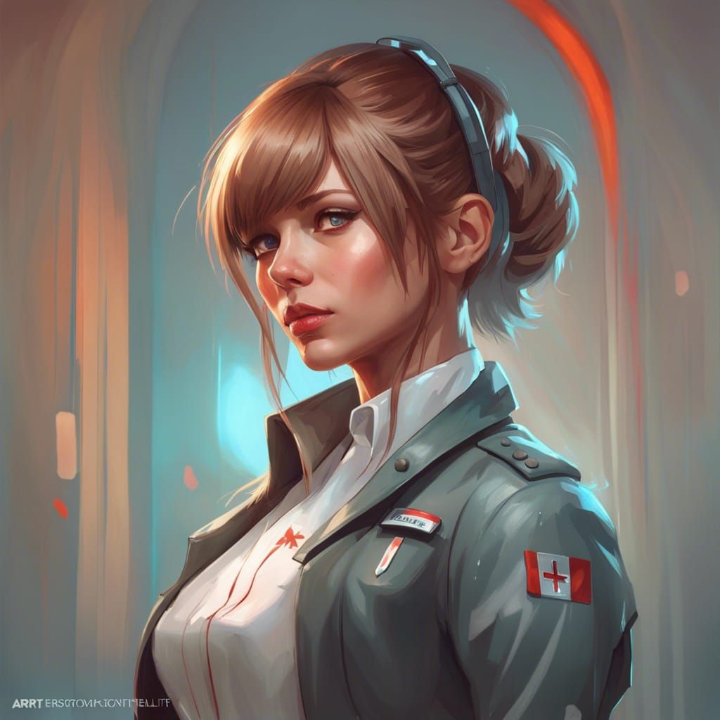 straight bang hairstyle, medic, full body portrait