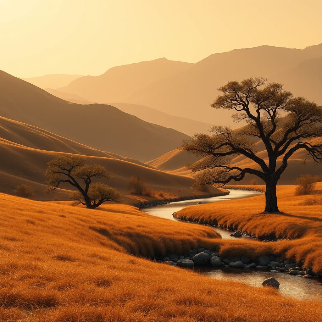 Warm Earthy Landscape with Gentle Mountains and Rolling Hill...
