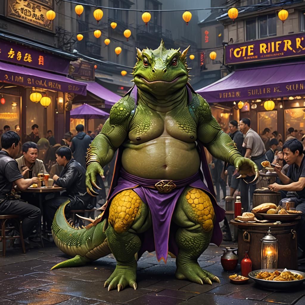 lizard sumo wrestler eating Chinese banquet, in sidewalk caf...