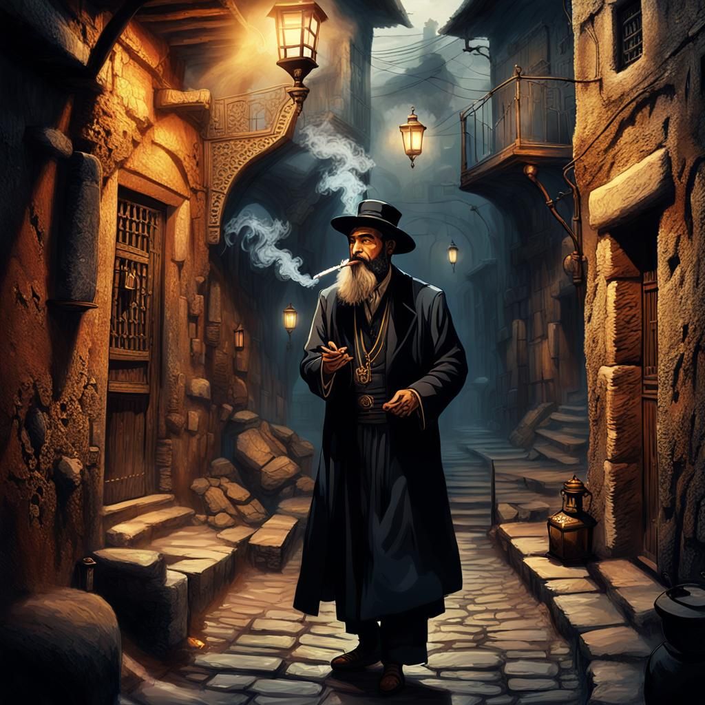 Mystical Hasidic Man Smoking in Ancient Alleyway