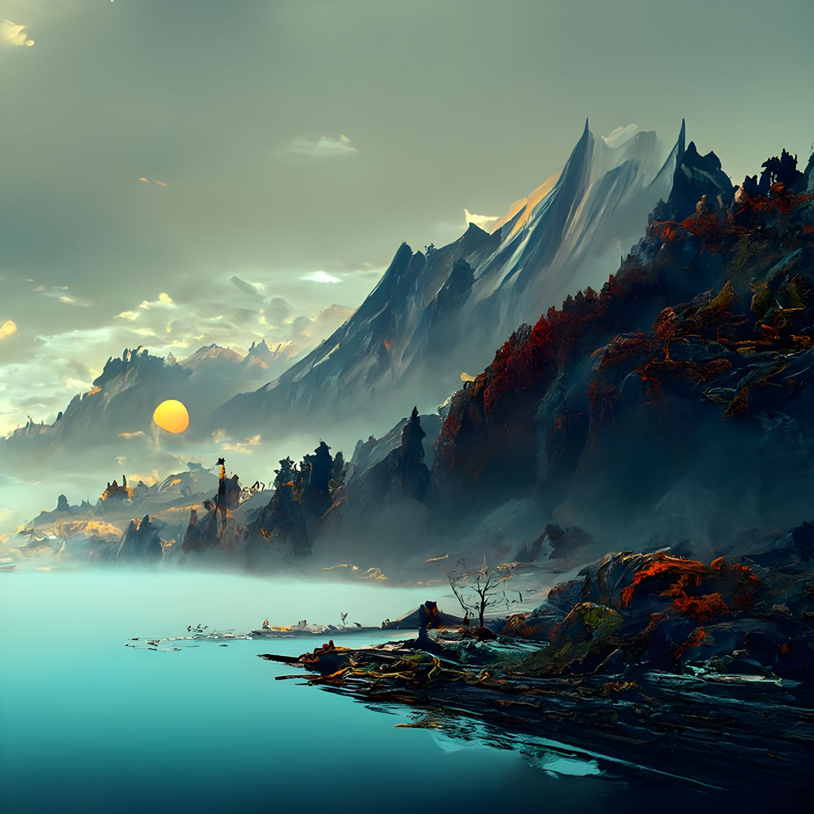 Majestic Mountain Range Over Calm Sea: Hyperrealistic Digita...