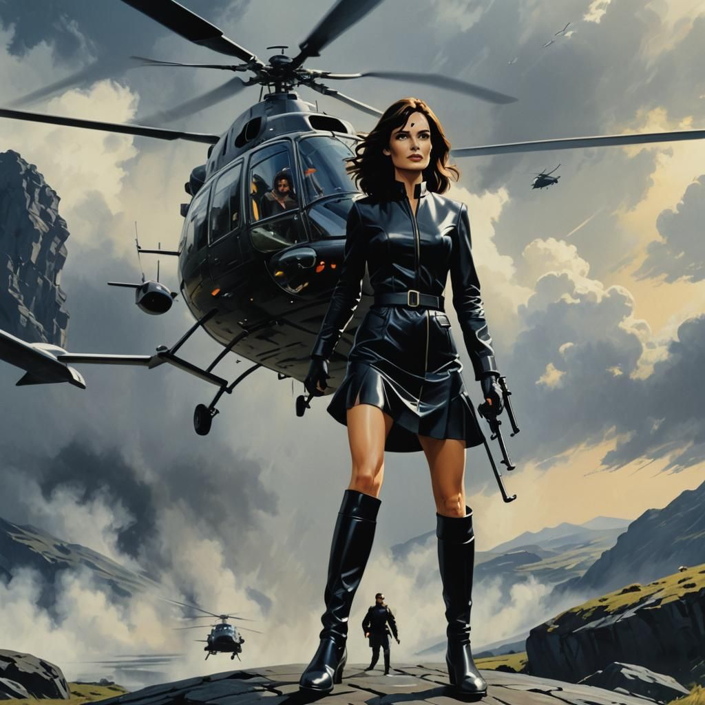 Famke Janssen wearing a short black dress and black leather knee boots in  the James Bond film GoldenEye with a helicopter above. - AI Generated  Artwork - NightCafe Creator