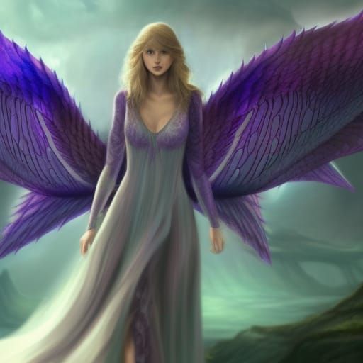 taylor swift, long purple wavy hair, glowing aura, mysteriou...