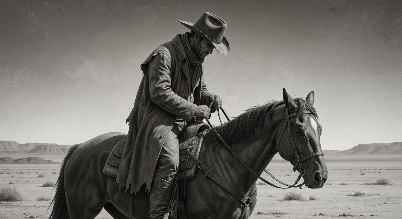 Black and white image of a tired old, cowboy riding across the desert.  by @Westerner