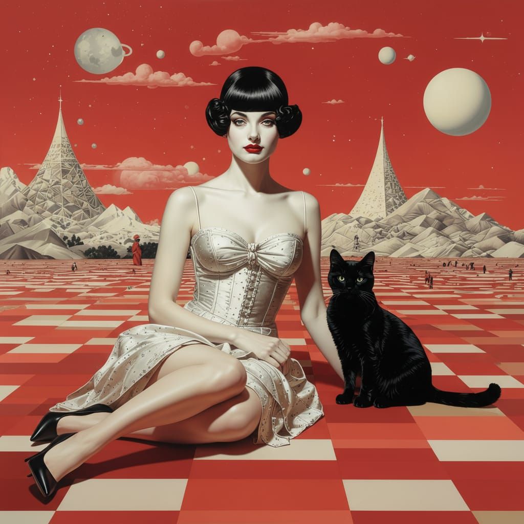Surreal Red Cabaret with Black Cat, prompt from @chap