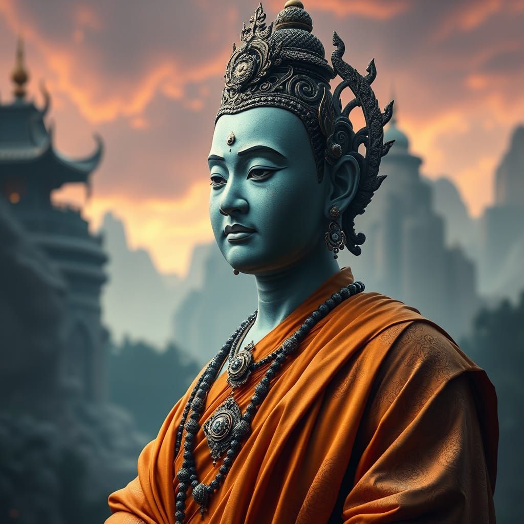 Serene Sariputra in Fantastical Landscape, Cinematic Matte P...