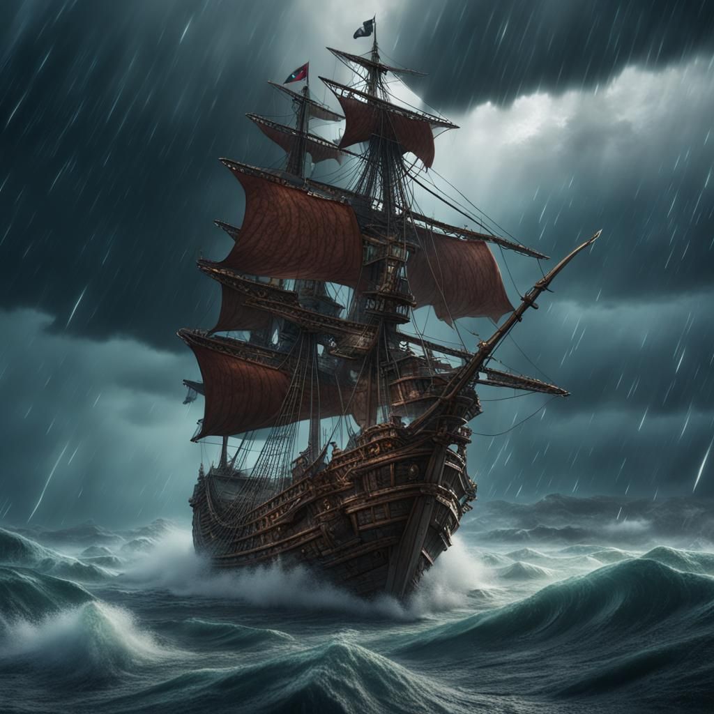 Pirate ship in the middle of a raging storm
