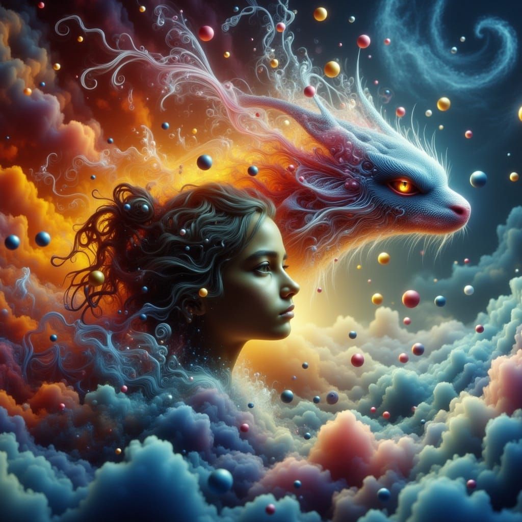 <lora:-QDR-:1.0>  a liquid diminutive fluffy dragon  on a cute little girl's shoulder, inkt splatter art, ayahuasca psychedelic art by Calli...