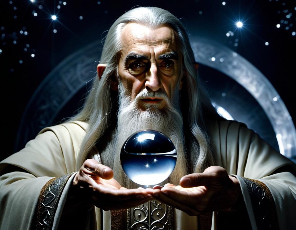 The Wizard Saruman Tempts Gandalf With The Palantir - AI Generated ...