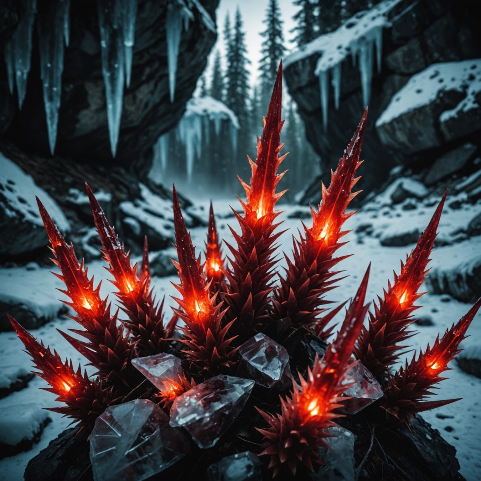 Dramatic Red Ice Spikes Encasing Treasure