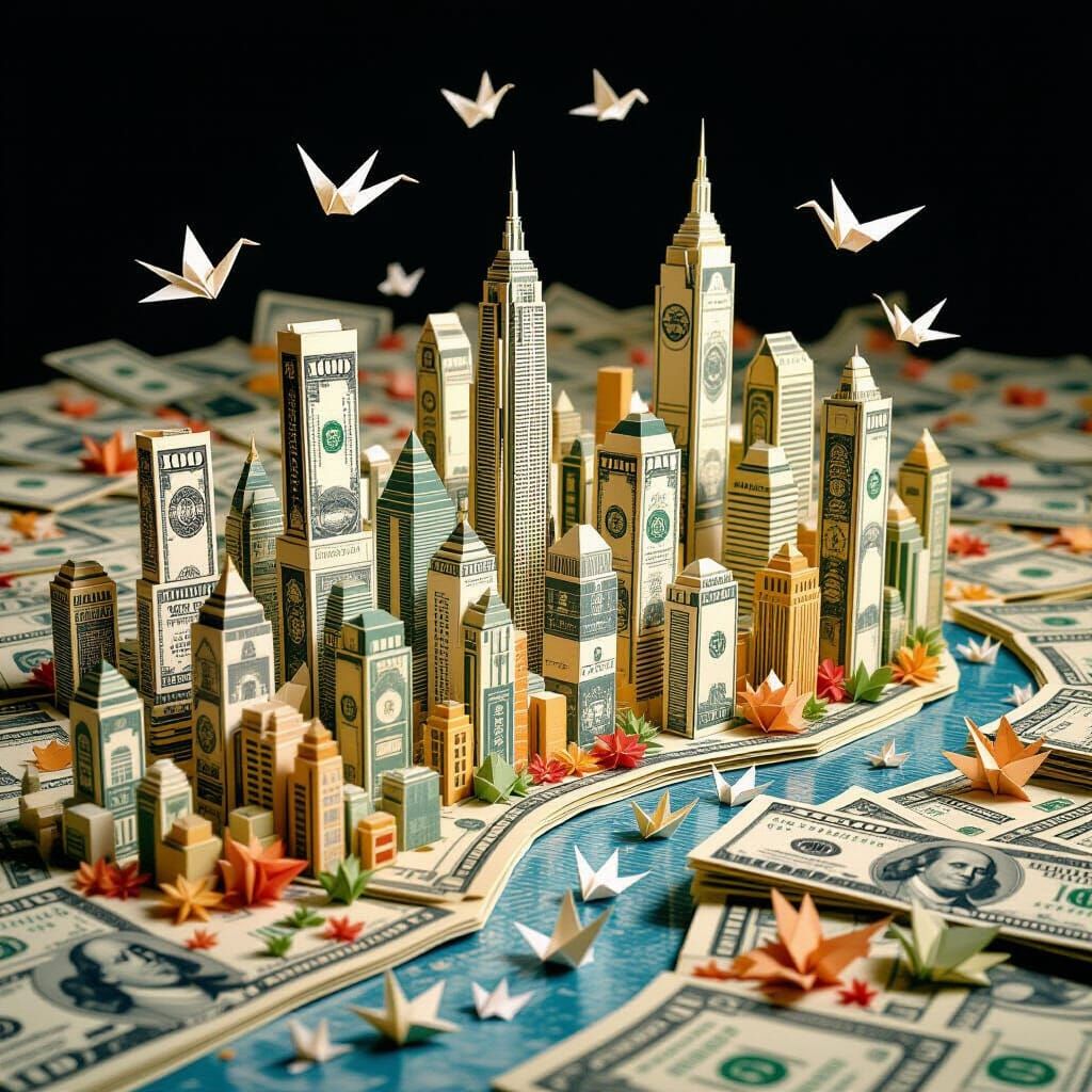 A world of origami folded from crisp dollar bills